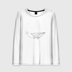 Женский лонгслив 3D с принтом самолетик в Санкт-Петербурге, 100% полиэстер | длинные рукава, круглый вырез горловины, полуприлегающий силуэт | белый самолетик | бумажный самолетик | минимализм | розовое сердечко | самолет | самолетик | сердечко | тумблер | чб
