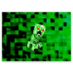 Поздравительная открытка с принтом Minecraft creeper в Санкт-Петербурге, 100% бумага | плотность бумаги 280 г/м2, матовая, на обратной стороне линовка и место для марки
 | blox | creeper | dungeons | game | geometry | logo | pixel | steve | алекс | герои | детям | зелень | игра | квадраты | крипер | куб | логотипы игр | майнкрафт | мальчикам | мобы | персонажи | пиксель | пиксельный | подземелья