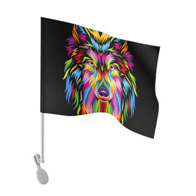 Флаг для автомобиля с принтом Neon wolf в Санкт-Петербурге, 100% полиэстер | Размер: 30*21 см | color | ears | eyes | muzzle | neon | nose | paint | skin | view | wolf | взгляд | волк | глаза | краска | неон | нос | уши | цвет | шерсть