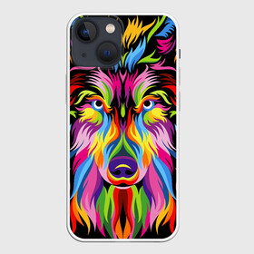 Чехол для iPhone 13 mini с принтом Neon wolf в Санкт-Петербурге,  |  | Тематика изображения на принте: color | ears | eyes | muzzle | neon | nose | paint | skin | view | wolf | взгляд | волк | глаза | краска | неон | нос | уши | цвет | шерсть