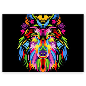Поздравительная открытка с принтом Neon wolf в Санкт-Петербурге, 100% бумага | плотность бумаги 280 г/м2, матовая, на обратной стороне линовка и место для марки
 | color | ears | eyes | muzzle | neon | nose | paint | skin | view | wolf | взгляд | волк | глаза | краска | неон | нос | уши | цвет | шерсть