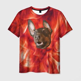 Мужская футболка 3D с принтом Огненый Пес в Санкт-Петербурге, 100% полиэфир | прямой крой, круглый вырез горловины, длина до линии бедер | голова | горячий | горящий | доберман | животное | зверек | зверь | зубы | клык | красный | лицо | овчарка | огонь | пес | пламя | рот | ротвейлер | свет | собака | удивленный | улыбка | щенок