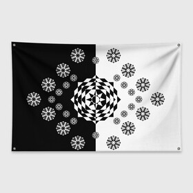 Флаг-баннер с принтом Черное солнце в Санкт-Петербурге, 100% полиэстер | размер 67 х 109 см, плотность ткани — 95 г/м2; по краям флага есть четыре люверса для крепления | Тематика изображения на принте: геометрия | монохром | роза | ромбы | снежинки | треугольники | цветок | черно белое