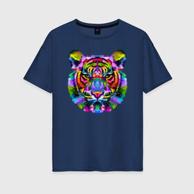 Женская футболка хлопок Oversize с принтом Color tiger в Санкт-Петербурге, 100% хлопок | свободный крой, круглый ворот, спущенный рукав, длина до линии бедер
 | color | ears | eyes | muzzle | neon | tiger | vanguard | view | авангард | взгляд | глаза | неон | тигр | уши | цвет