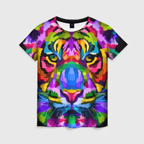 Женская футболка 3D с принтом Neon tiger в Санкт-Петербурге, 100% полиэфир ( синтетическое хлопкоподобное полотно) | прямой крой, круглый вырез горловины, длина до линии бедер | color | ears | eyes | muzzle | neon | tiger | vanguard | view | авангард | взгляд | глаза | неон | тигр | уши | цвет
