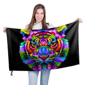 Флаг 3D с принтом Neon tiger в Санкт-Петербурге, 100% полиэстер | плотность ткани — 95 г/м2, размер — 67 х 109 см. Принт наносится с одной стороны | color | ears | eyes | muzzle | neon | tiger | vanguard | view | авангард | взгляд | глаза | неон | тигр | уши | цвет