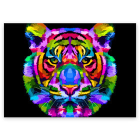 Поздравительная открытка с принтом Neon tiger в Санкт-Петербурге, 100% бумага | плотность бумаги 280 г/м2, матовая, на обратной стороне линовка и место для марки
 | color | ears | eyes | muzzle | neon | tiger | vanguard | view | авангард | взгляд | глаза | неон | тигр | уши | цвет
