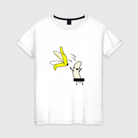 Женская футболка хлопок с принтом Зрелый Банан в Санкт-Петербурге, 100% хлопок | прямой крой, круглый вырез горловины, длина до линии бедер, слегка спущенное плечо | банан | веселый | желтый | кожура | ниже пояса | нудист | прикол | рисунок | фрукт | юмор