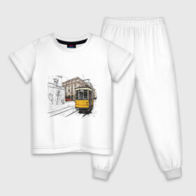 Детская пижама хлопок с принтом Белый и желтый поезд в Санкт-Петербурге, 100% хлопок |  брюки и футболка прямого кроя, без карманов, на брюках мягкая резинка на поясе и по низу штанин
 | Тематика изображения на принте: белый и желтый поезд | город | дорога | трамвай | транспорт | улица