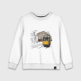 Детский свитшот хлопок с принтом Белый и желтый поезд в Санкт-Петербурге, 100% хлопок | круглый вырез горловины, эластичные манжеты, пояс и воротник | белый и желтый поезд | город | дорога | трамвай | транспорт | улица
