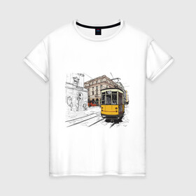 Женская футболка хлопок с принтом Белый и желтый поезд в Санкт-Петербурге, 100% хлопок | прямой крой, круглый вырез горловины, длина до линии бедер, слегка спущенное плечо | белый и желтый поезд | город | дорога | трамвай | транспорт | улица