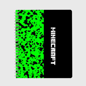 Тетрадь с принтом MINECRAFT LOGO в Санкт-Петербурге, 100% бумага | 48 листов, плотность листов — 60 г/м2, плотность картонной обложки — 250 г/м2. Листы скреплены сбоку удобной пружинной спиралью. Уголки страниц и обложки скругленные. Цвет линий — светло-серый
 | Тематика изображения на принте: blox | creeper | dungeons | game | green | minecraft | neon | pixel | steve | алекс | детям | зелень | игра | кислотный | крипер | куб | логотипы игр | майнкрафт | мальчикам | мобы | пиксель | пиксельный | подземелья | приключения
