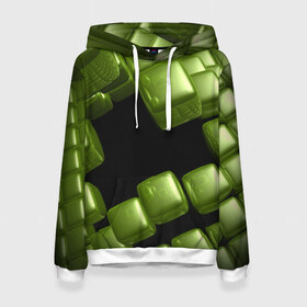 Женская толстовка 3D с принтом зеленый куб в Санкт-Петербурге, 100% полиэстер  | двухслойный капюшон со шнурком для регулировки, мягкие манжеты на рукавах и по низу толстовки, спереди карман-кенгуру с мягким внутренним слоем. | 3d | абстракция | зеленый | илюзия | квадрат | куб