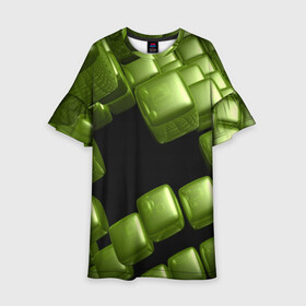 Детское платье 3D с принтом зеленый куб в Санкт-Петербурге, 100% полиэстер | прямой силуэт, чуть расширенный к низу. Круглая горловина, на рукавах — воланы | Тематика изображения на принте: 3d | абстракция | зеленый | илюзия | квадрат | куб