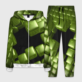 Мужской костюм 3D с принтом зеленый куб в Санкт-Петербурге, 100% полиэстер | Манжеты и пояс оформлены тканевой резинкой, двухслойный капюшон со шнурком для регулировки, карманы спереди | 3d | абстракция | зеленый | илюзия | квадрат | куб