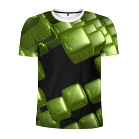 Мужская футболка 3D спортивная с принтом зеленый куб в Санкт-Петербурге, 100% полиэстер с улучшенными характеристиками | приталенный силуэт, круглая горловина, широкие плечи, сужается к линии бедра | 3d | абстракция | зеленый | илюзия | квадрат | куб