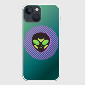 Чехол для iPhone 13 mini с принтом Инопланетяша на зеленом фоне в Санкт-Петербурге,  |  | градиент | зеленый | инопланетянин | круг | лицо | наука | нло | подарок | полоски | пришелец | улыбка | фантастика | фиолетовый