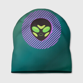 Шапка 3D с принтом Инопланетяша на зеленом фоне в Санкт-Петербурге, 100% полиэстер | универсальный размер, печать по всей поверхности изделия | градиент | зеленый | инопланетянин | круг | лицо | наука | нло | подарок | полоски | пришелец | улыбка | фантастика | фиолетовый