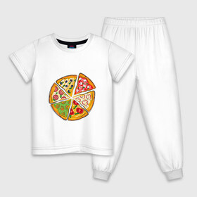 Детская пижама хлопок с принтом Пицца ассорти в Санкт-Петербурге, 100% хлопок |  брюки и футболка прямого кроя, без карманов, на брюках мягкая резинка на поясе и по низу штанин
 | Тематика изображения на принте: грибы | колбаса | креветки | кусочки пиццы | оливки | пицца | пиццерия | помидоры