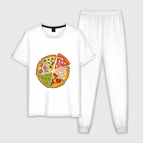 Мужская пижама хлопок с принтом Пицца ассорти в Санкт-Петербурге, 100% хлопок | брюки и футболка прямого кроя, без карманов, на брюках мягкая резинка на поясе и по низу штанин
 | Тематика изображения на принте: грибы | колбаса | креветки | кусочки пиццы | оливки | пицца | пиццерия | помидоры