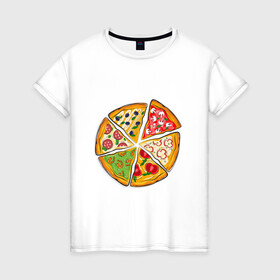Женская футболка хлопок с принтом Пицца ассорти в Санкт-Петербурге, 100% хлопок | прямой крой, круглый вырез горловины, длина до линии бедер, слегка спущенное плечо | грибы | колбаса | креветки | кусочки пиццы | оливки | пицца | пиццерия | помидоры