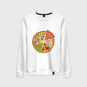 Женский свитшот хлопок с принтом Пицца ассорти в Санкт-Петербурге, 100% хлопок | прямой крой, круглый вырез, на манжетах и по низу широкая трикотажная резинка  | грибы | колбаса | креветки | кусочки пиццы | оливки | пицца | пиццерия | помидоры