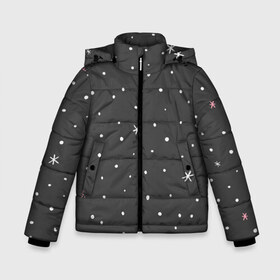 Зимняя куртка для мальчиков 3D с принтом Снежинки и звёзды в Санкт-Петербурге, ткань верха — 100% полиэстер; подклад — 100% полиэстер, утеплитель — 100% полиэстер | длина ниже бедра, удлиненная спинка, воротник стойка и отстегивающийся капюшон. Есть боковые карманы с листочкой на кнопках, утяжки по низу изделия и внутренний карман на молнии. 

Предусмотрены светоотражающий принт на спинке, радужный светоотражающий элемент на пуллере молнии и на резинке для утяжки | Тематика изображения на принте: белый | звезда | зима | небо | снег | снежинка | чёрный