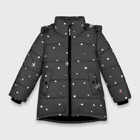 Зимняя куртка для девочек 3D с принтом Снежинки и звёзды в Санкт-Петербурге, ткань верха — 100% полиэстер; подклад — 100% полиэстер, утеплитель — 100% полиэстер. | длина ниже бедра, удлиненная спинка, воротник стойка и отстегивающийся капюшон. Есть боковые карманы с листочкой на кнопках, утяжки по низу изделия и внутренний карман на молнии. 

Предусмотрены светоотражающий принт на спинке, радужный светоотражающий элемент на пуллере молнии и на резинке для утяжки. | Тематика изображения на принте: белый | звезда | зима | небо | снег | снежинка | чёрный