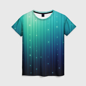 Женская футболка 3D с принтом блеск в Санкт-Петербурге, 100% полиэфир ( синтетическое хлопкоподобное полотно) | прямой крой, круглый вырез горловины, длина до линии бедер | бирюза | блеск | звезда | звездочка | неон | полосы | свет