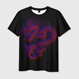 Мужская футболка 3D с принтом 3д Дракон в Санкт-Петербурге, 100% полиэфир | прямой крой, круглый вырез горловины, длина до линии бедер | 3д эффект | китайский дракон | красный | миф | оптическая иллюзия | синий