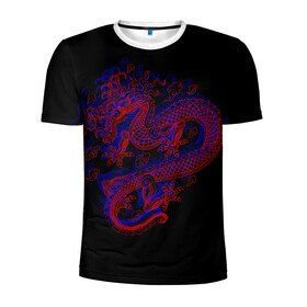 Мужская футболка 3D спортивная с принтом 3д Дракон в Санкт-Петербурге, 100% полиэстер с улучшенными характеристиками | приталенный силуэт, круглая горловина, широкие плечи, сужается к линии бедра | Тематика изображения на принте: 3д эффект | китайский дракон | красный | миф | оптическая иллюзия | синий