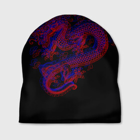 Шапка 3D с принтом 3д Дракон в Санкт-Петербурге, 100% полиэстер | универсальный размер, печать по всей поверхности изделия | 3д эффект | китайский дракон | красный | миф | оптическая иллюзия | синий