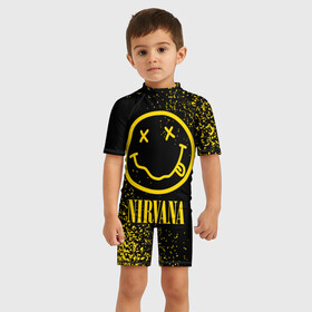 Детский купальный костюм 3D с принтом NIRVANA   НИРВАНА в Санкт-Петербурге, Полиэстер 85%, Спандекс 15% | застежка на молнии на спине | band | cobain | face | kurt | logo | music | nirvana | rock | rocknroll | группа | кобейн | курт | лого | логотип | музыка | музыкальная | нирвана | рожица | рок | рокнролл | символ