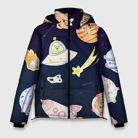 Мужская зимняя куртка 3D с принтом Космический рисунок в Санкт-Петербурге, верх — 100% полиэстер; подкладка — 100% полиэстер; утеплитель — 100% полиэстер | длина ниже бедра, свободный силуэт Оверсайз. Есть воротник-стойка, отстегивающийся капюшон и ветрозащитная планка. 

Боковые карманы с листочкой на кнопках и внутренний карман на молнии. | Тематика изображения на принте: арт | детский рисунок | звезда | звёзды | космонавт | космос | кот | котик | нло | ракета | ракеты | рисунок | рисунок карандашом | синий | созвездия | тарелка | тарелки | юпитер