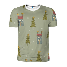 Мужская футболка 3D спортивная с принтом Дома в лесу в Санкт-Петербурге, 100% полиэстер с улучшенными характеристиками | приталенный силуэт, круглая горловина, широкие плечи, сужается к линии бедра | арт | детский рисунок | дом | дома | ёлка | ёлки | зелёный | лес | новый год | рисунок | рисунок карандашом | снег | сосны | соста | тёмно зелёный | тёмный