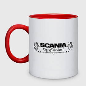 Кружка двухцветная с принтом Scania - King of the Road в Санкт-Петербурге, керамика | объем — 330 мл, диаметр — 80 мм. Цветная ручка и кайма сверху, в некоторых цветах — вся внутренняя часть | king of road | king of the road | saab | saab logo | scania | scania king | scania logo | грузовик | дальнобойщик | сааб | сканиа | скания | скания значок | скания лого | скания логотип | скания символ | шофер