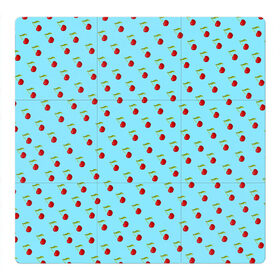 Магнитный плакат 3Х3 с принтом Узор с вишни на голубом фоне в Санкт-Петербурге, Полимерный материал с магнитным слоем | 9 деталей размером 9*9 см | вишенки | вишни | декор | лето | плоды | узор | фрукты | черешни | ягоды