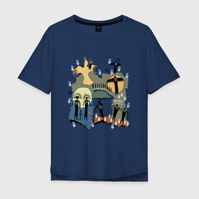 Мужская футболка хлопок Oversize с принтом Этнический стиль в Санкт-Петербурге, 100% хлопок | свободный крой, круглый ворот, “спинка” длиннее передней части | Тематика изображения на принте: белый | ворон | золотой | иероглифы | индейцы | луна | люди | охота | ритуал | синий | солнце | этника