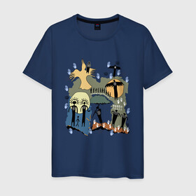 Мужская футболка хлопок с принтом Этнический стиль в Санкт-Петербурге, 100% хлопок | прямой крой, круглый вырез горловины, длина до линии бедер, слегка спущенное плечо. | белый | ворон | золотой | иероглифы | индейцы | луна | люди | охота | ритуал | синий | солнце | этника