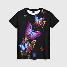 Женская футболка 3D с принтом Поцелуй бабочек в Санкт-Петербурге, 100% полиэфир ( синтетическое хлопкоподобное полотно) | прямой крой, круглый вырез горловины, длина до линии бедер | angel | butterfly | fairy | neon | night | wings | ангел | бабочка | бабочки | девушке | животные | красочные | крылья | летающие | магия | махаон | мотыльки | насекомые | неоновые | ночные | ночь | подарок | природа