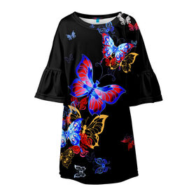 Детское платье 3D с принтом Поцелуй бабочек в Санкт-Петербурге, 100% полиэстер | прямой силуэт, чуть расширенный к низу. Круглая горловина, на рукавах — воланы | angel | butterfly | fairy | neon | night | wings | ангел | бабочка | бабочки | девушке | животные | красочные | крылья | летающие | магия | махаон | мотыльки | насекомые | неоновые | ночные | ночь | подарок | природа