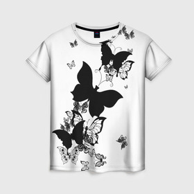 Женская футболка 3D с принтом Черные бабочки на белом в Санкт-Петербурге, 100% полиэфир ( синтетическое хлопкоподобное полотно) | прямой крой, круглый вырез горловины, длина до линии бедер | angel | black and white | butterfly | fairy | fashion girl | wings | ангел | бабочка | девушке | животные | крылья | летающие | магия | махаон | мотылек | мотыльки | насекомые | нежные | подарок | природа | сказочные | татуировки