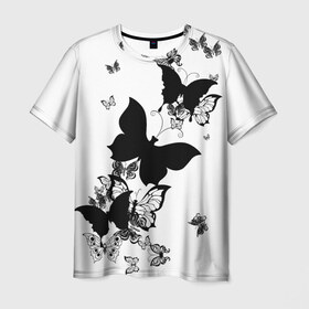 Мужская футболка 3D с принтом Черные бабочки на белом в Санкт-Петербурге, 100% полиэфир | прямой крой, круглый вырез горловины, длина до линии бедер | angel | black and white | butterfly | fairy | fashion girl | wings | ангел | бабочка | девушке | животные | крылья | летающие | магия | махаон | мотылек | мотыльки | насекомые | нежные | подарок | природа | сказочные | татуировки