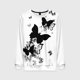 Женский свитшот 3D с принтом Черные бабочки на белом в Санкт-Петербурге, 100% полиэстер с мягким внутренним слоем | круглый вырез горловины, мягкая резинка на манжетах и поясе, свободная посадка по фигуре | angel | black and white | butterfly | fairy | fashion girl | wings | ангел | бабочка | девушке | животные | крылья | летающие | магия | махаон | мотылек | мотыльки | насекомые | нежные | подарок | природа | сказочные | татуировки