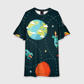 Детское платье 3D с принтом Космический перелёт в Санкт-Петербурге, 100% полиэстер | прямой силуэт, чуть расширенный к низу. Круглая горловина, на рукавах — воланы | арт | звезда | звёзды | земля | космос | марс | перелёт | планета | планеты | полёт | ракета | ракеты | рисунок | сатурн | юпитер