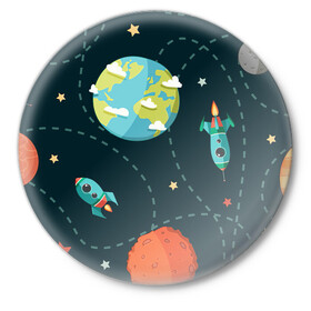 Значок с принтом Космический перелёт в Санкт-Петербурге,  металл | круглая форма, металлическая застежка в виде булавки | Тематика изображения на принте: арт | звезда | звёзды | земля | космос | марс | перелёт | планета | планеты | полёт | ракета | ракеты | рисунок | сатурн | юпитер