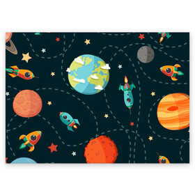 Поздравительная открытка с принтом Космический перелёт в Санкт-Петербурге, 100% бумага | плотность бумаги 280 г/м2, матовая, на обратной стороне линовка и место для марки
 | арт | звезда | звёзды | земля | космос | марс | перелёт | планета | планеты | полёт | ракета | ракеты | рисунок | сатурн | юпитер