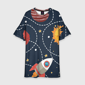 Детское платье 3D с принтом Космический перелёт в Санкт-Петербурге, 100% полиэстер | прямой силуэт, чуть расширенный к низу. Круглая горловина, на рукавах — воланы | Тематика изображения на принте: арт | звезда | звёзды | земля | космос | марс | перелёт | планета | планеты | полёт | ракета | ракеты | рисунок | сатурн | солнце | юпитер