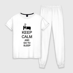 Женская пижама хлопок с принтом KEEP CALM AND GO TO SLEEP в Санкт-Петербурге, 100% хлопок | брюки и футболка прямого кроя, без карманов, на брюках мягкая резинка на поясе и по низу штанин | Тематика изображения на принте: go to sleep | keep | keep calm | keep calm and | keep calm and go | keep calm and go to | keep calm and go to sleep | иди спать | сохраняй спокойствие | сохраняй спокойствие и иди спать