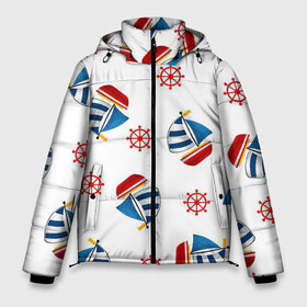 Мужская зимняя куртка 3D с принтом Морская атмосфера в Санкт-Петербурге, верх — 100% полиэстер; подкладка — 100% полиэстер; утеплитель — 100% полиэстер | длина ниже бедра, свободный силуэт Оверсайз. Есть воротник-стойка, отстегивающийся капюшон и ветрозащитная планка. 

Боковые карманы с листочкой на кнопках и внутренний карман на молнии. | арт | белый | корабли | корабль | красный | море | рисунок | синий | штурвал | яхта | яхты